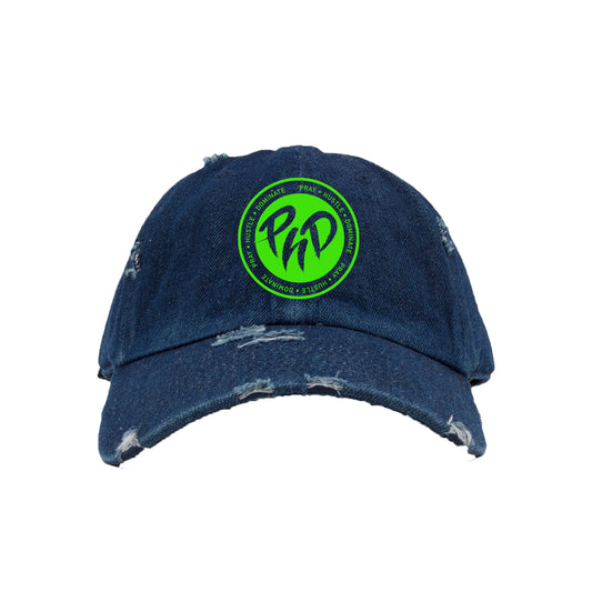 DENIM & NEON GREEN DISTRESSED DAD HAT